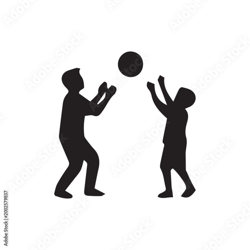 Children playing ball vector silhouette. Minimalist black and white icon of kids sports activity, fun outdoor play, and friendship.
