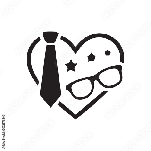 Father's Day vector icon with heart, necktie, and glasses. Minimalist black and white logo for dad love and appreciation.