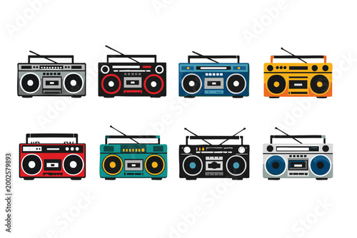 Set of retro boombox radio cassette player illustrations in flat style