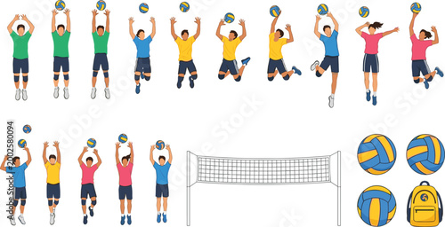 Volleyball Players Actions Set in Flat Style, Collection of Jumping, Serving, Blocking and Game Elements with Net and Ball Vector Illustration