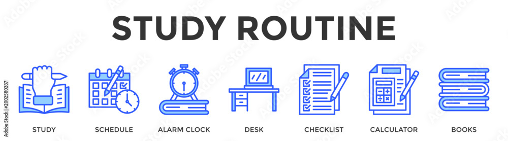 Foto Study Routine  Banner Web  Icon Set Collection Pack Vector Illustration Concept
