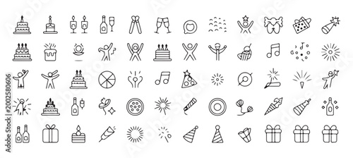 Festive Event and Party Line Icons - Birthday Cake, Champagne, Gifts, and Party Hats