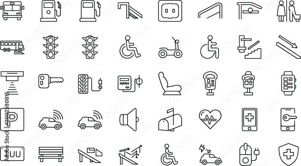 Fototapeta premium Transportation and Accessibility Line Icons Set, Collection of Public Transport, Parking, Electric Vehicles and Disabled Access Symbols Vector Illustration
