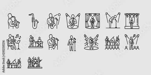icon set collection of saxophone players performing in various settings including spotlights, stages, and as part of a live band.