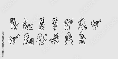 icon set collection of female musicians playing instruments like the flute, trumpet, piano, and bass, including vocalists and music listeners.