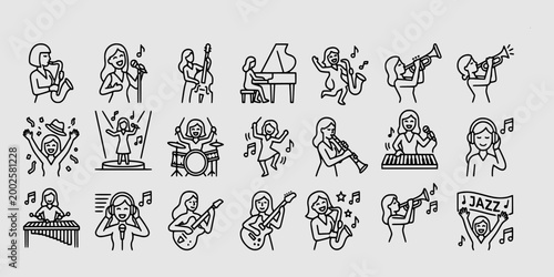 icon set collection of various female performers playing guitar, drums, vibraphone, and saxophone, alongside dancers and enthusiastic music fans
