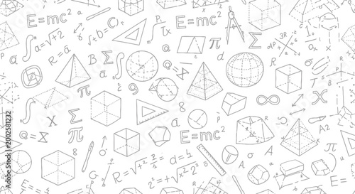 Mathematics, physics, seamless pattern, educational icons, science symbols, equations, geometric shapes