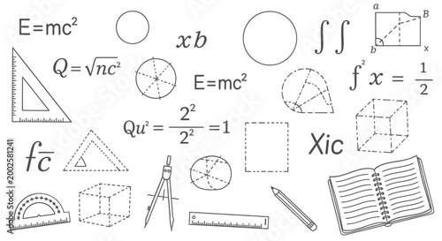 Mathematics, geometry, physics formulas and shapes, educational icons, vector illustrations