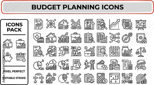 Budget planning outline icon set as editable vector illustration for finance dashboards, accounting presentations, and app interfaces