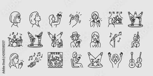 icon set collection of audience members clapping and cheering, jazz bands on stage, and iconic musical instruments like guitars.