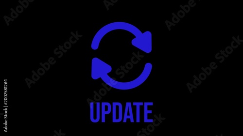 Blue arrows spin against a dark background. The word 