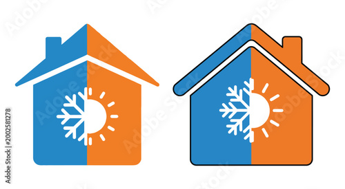 House HVAC icons with hot and cold temperature signs for climate control