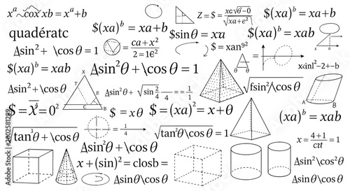 Mathematical formulas, geometric shapes, equations, and diagrams, educational resources, mathematics illustrations, vector graphics