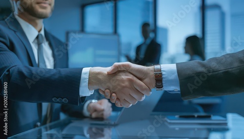 Business professionals shaking hands to celebrate a successful deal and new partnership.