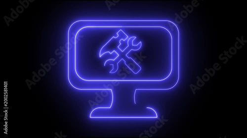 Neon light effect animation of a computer monitor icon. Inside, a crossed wrench and hammer symbolize technical repair.