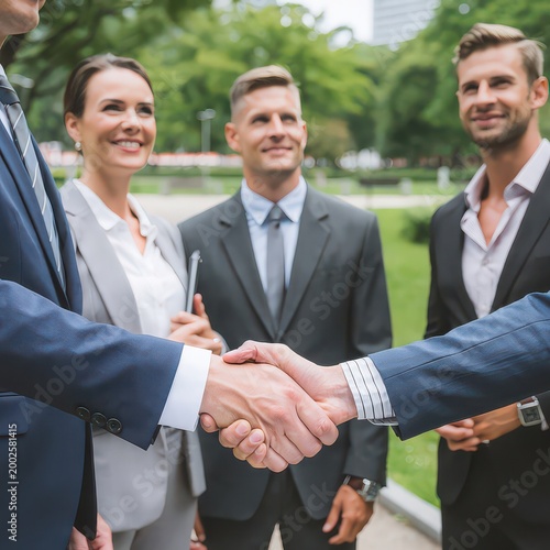 Business professionals shaking hands to celebrate a successful deal and new partnership.