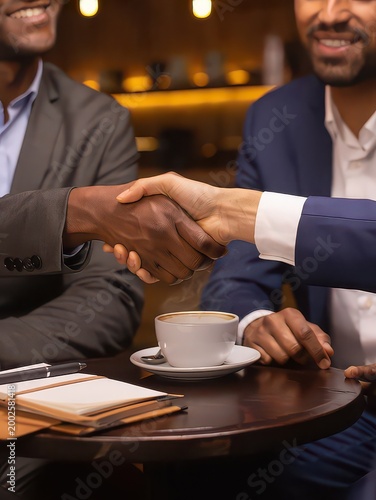 Business professionals shaking hands to celebrate a successful deal and new partnership.