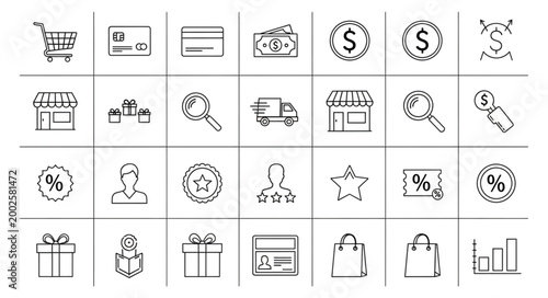 Collection of hand-drawn shopping and business icons in a grid layout.