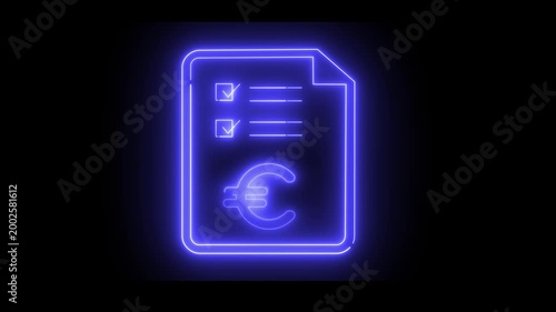 Neon light effect animation of a document icon. The euro symbol glows beneath the checklist lines. Ideal for budgeting, payments, or expense tracking.