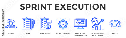 Sprint Execution  Banner Web  Icon Set Collection Pack Vector Illustration Concept Containing Sprint, Task, Task Board, Development, Software Development, Incremental Development, Speed