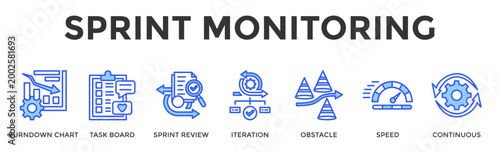Sprint Monitoring  Banner Web  Icon Set Collection Pack Vector Illustration Concept Containing Burndown Chart, Task Board, Sprint Review, Iteration, Obstacle, Speed, Continuous