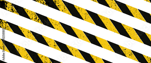 Warning tape with yellow and black diagonal stripes. Warn stop seamless line. Yellow and black caution tape border eps 10