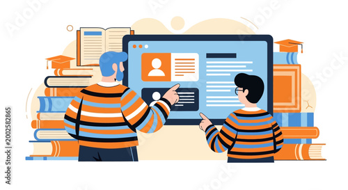 Two diverse people in colorful striped sweaters pointing at a digital tablet screen showing educational content