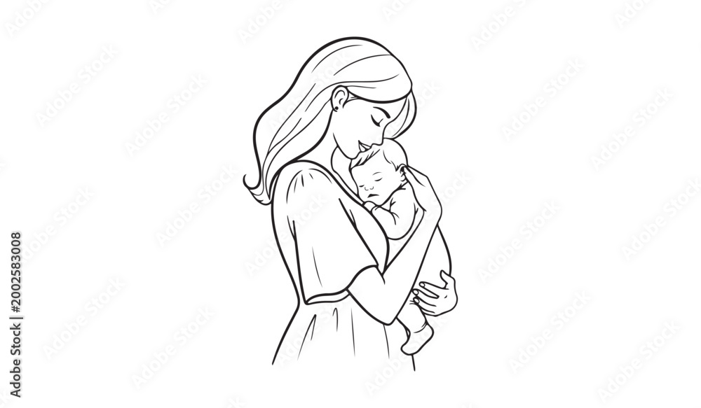 Fototapeta premium Handdrawn line art style mom and baby illustration art.