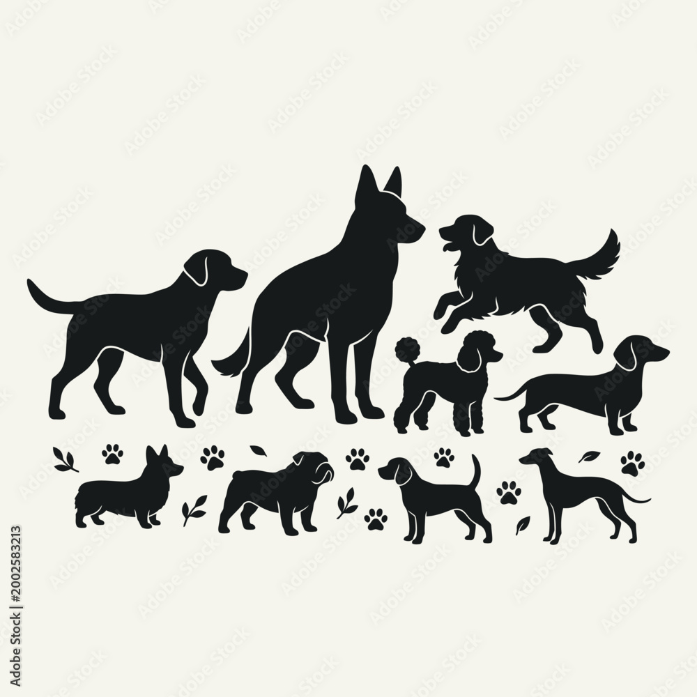 Fototapeta premium Silhouettes of various dog breeds including a German Shepherd, Labrador, Golden Retriever, Poodle, Dachshund, Corgi, Bulldog, and Greyhound with paw prints.