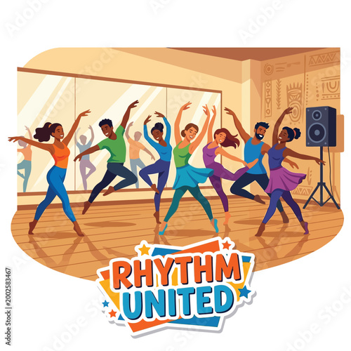 Cooperative dance troupe practicing synchronized steps in cultural hall, 2D flat vector caricature style, elegant poses, gold crimson palette, sticker RHYTHM UNITED, performance art, white background 