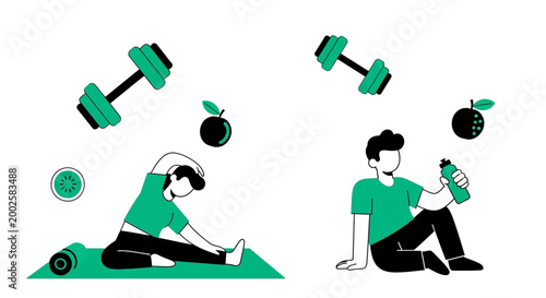 Two people exercising and hydrating with dumbbells and apples nearby on a green mat