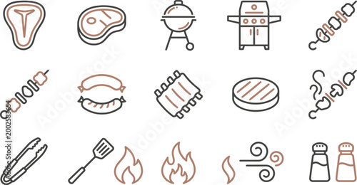 A collection of black and brown outline icons representing various barbecue foods, grills, and cooking tools for summer grilling.