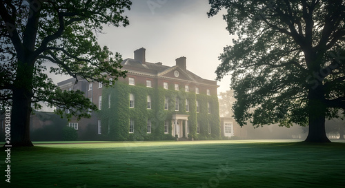 Ivy covered manor house on misty morning in English countryside