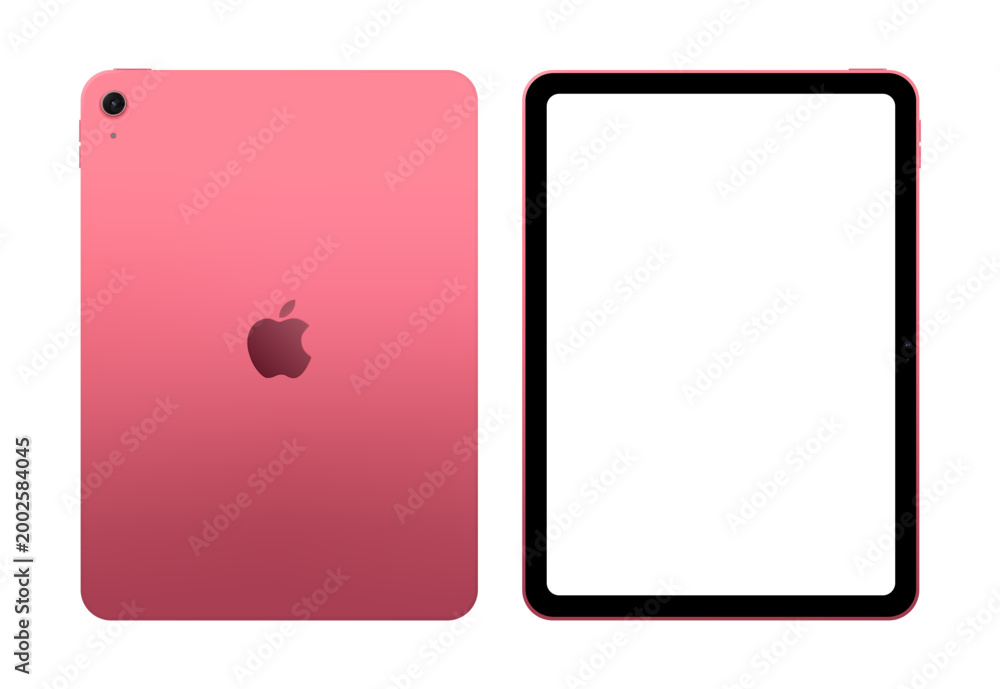 Obraz premium Photorealistic detailed Apple iPad A16 11 inches 2025 Pink mockup. Real dimentions. Front and rear view isolated on transparent background. Vector editorial PNG