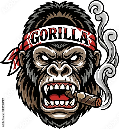 Aggressive Gorilla Head Wearing Bandana Smoking Cigar With Smoke Wisps Illustration