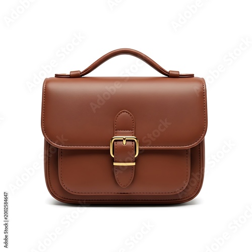 Classic brown leather satchel handbag with gold buckle isolated on white background