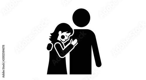 Black silhouette icon of a woman crying and leaning on a person.