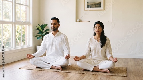 Couple practicing meditation together at home, calm mindfulness and wellness lifestyle