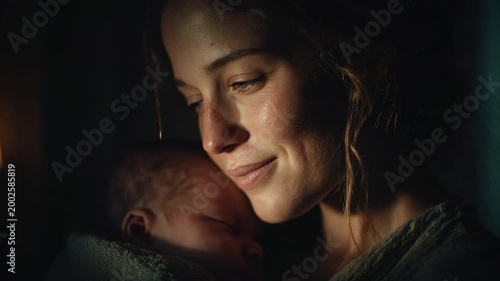 Tender Embrace of Motherhood: A mother's loving gaze as she cradles her newborn baby in a moment of pure tenderness, filled with warmth and affection.