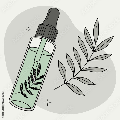 Green herbal medicine dropper bottle with leaf