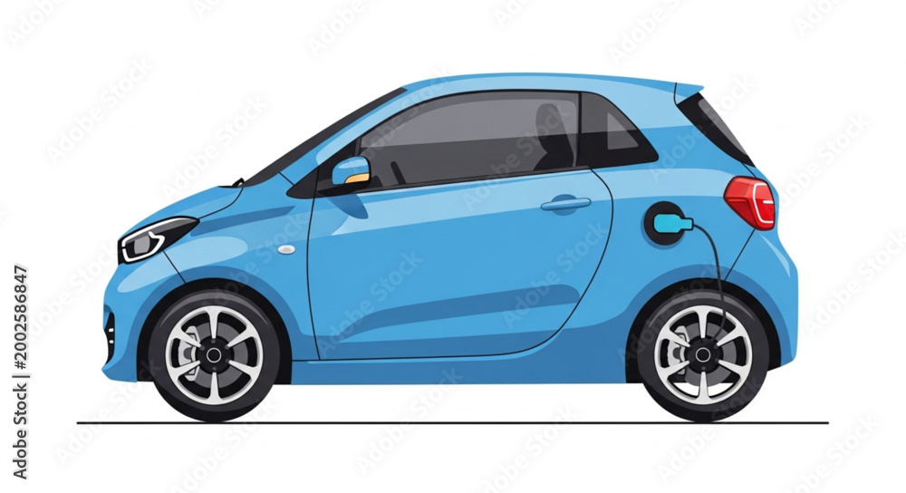 Obraz premium Blue electric car charging on white background.