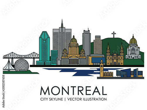 Photos Montreal City Skyline Vector Illustration featuring Famous Landmarks like the Biosphere, Saint Joseph's Oratory, and Mount Royal Cross, Modern Flat Urban Landscape Design
