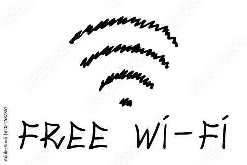 Hand drawn free wifi spot zone sign Public wi-fi area sign Wireless internet clipart in doodle style Single element for print, web, design, decor 3G, 4G, 5G, 6G, IoT