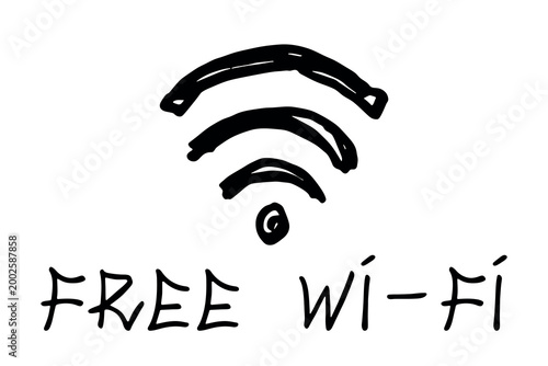 Hand drawn free wifi spot zone sign Public wi-fi area sign Wireless internet clipart in doodle style Single element for print, web, design, decor 3G, 4G, 5G, 6G, IoT