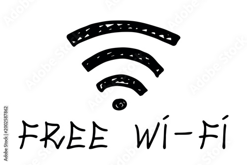 Hand drawn free wifi spot zone sign Public wi-fi area sign Wireless internet clipart in doodle style Single element for print, web, design, decor 3G, 4G, 5G, 6G, IoT