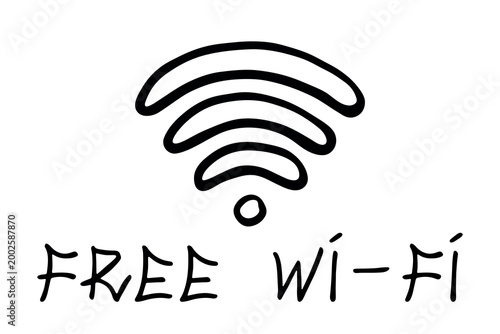 Hand drawn free wifi spot zone sign Public wi-fi area sign Wireless internet clipart in doodle style Single element for print, web, design, decor 3G, 4G, 5G, 6G, IoT