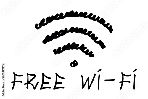Hand drawn free wifi spot zone sign Public wi-fi area sign Wireless internet clipart in doodle style Single element for print, web, design, decor 3G, 4G, 5G, 6G, IoT