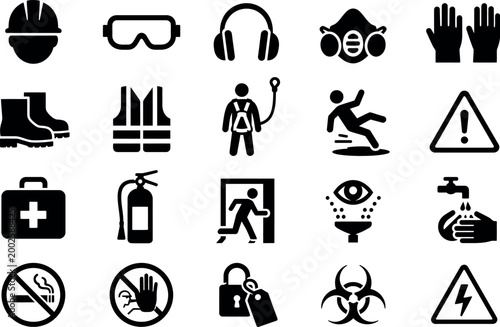 Industrial Safety Icons Set, Rounded Silhouette Warning Symbols, PPE Hazard Signs Vector Pack