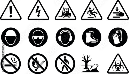 Industrial Safety Icons Set, Rounded Silhouette Warning Symbols, PPE Hazard Signs Vector Pack
