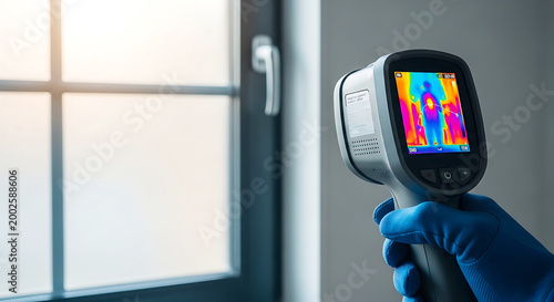 Person using handheld thermal imaging device checking body temperature near window